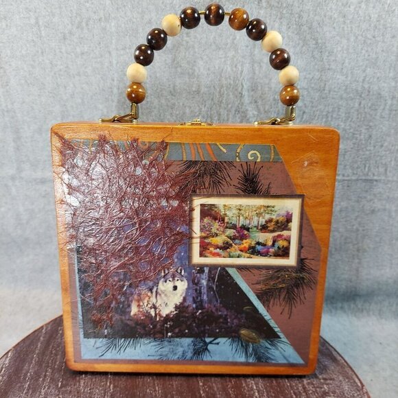 Unknown Handbags - Handmade Wooden Purse With Nature-Inspired Wolf & Landscape Artwork Beaded Handl